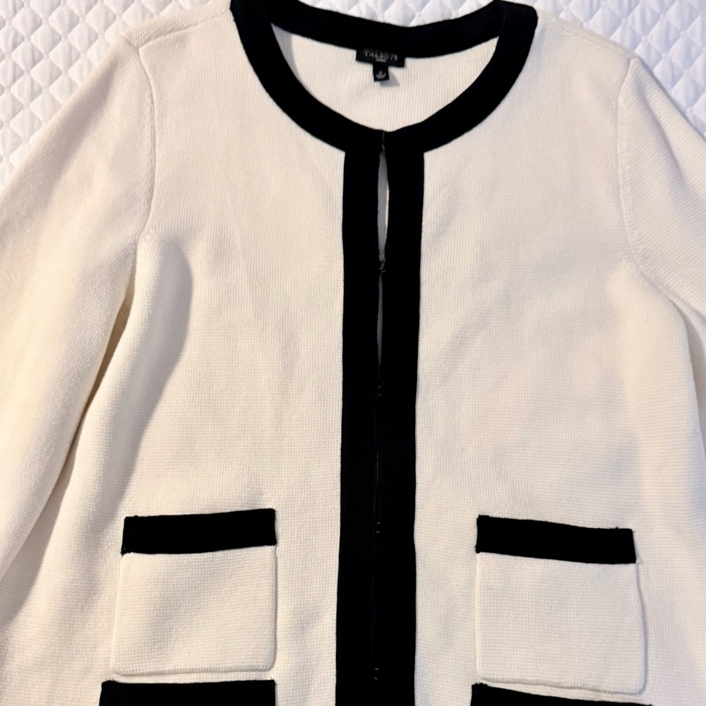 Talbots Ivory Black Trim Sweater Jacket Hook Eye Cardigan Knit X (1X) - Picture 8 of 8